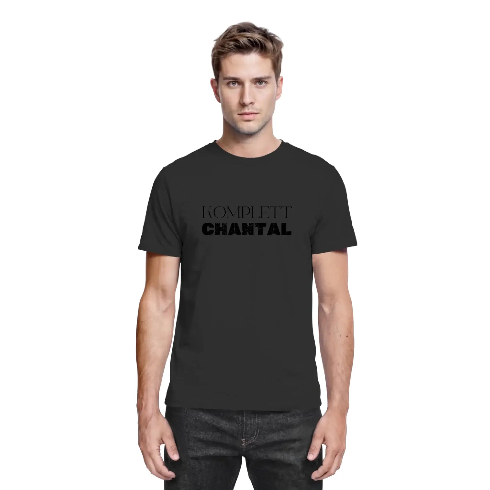 Schwarzes kurzarm t shirt mit komplett chantal text in bold schwarz aus der statement collection zum personalisieren