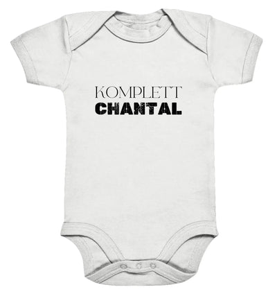 Weißer kurzärmliger baby-body aus baumwolle mit komplett chantal schriftzug aus der statement-collection personalisiert