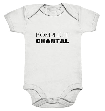 Weißer kurzärmliger baby-body aus baumwolle mit komplett chantal schriftzug aus der statement-collection personalisiert