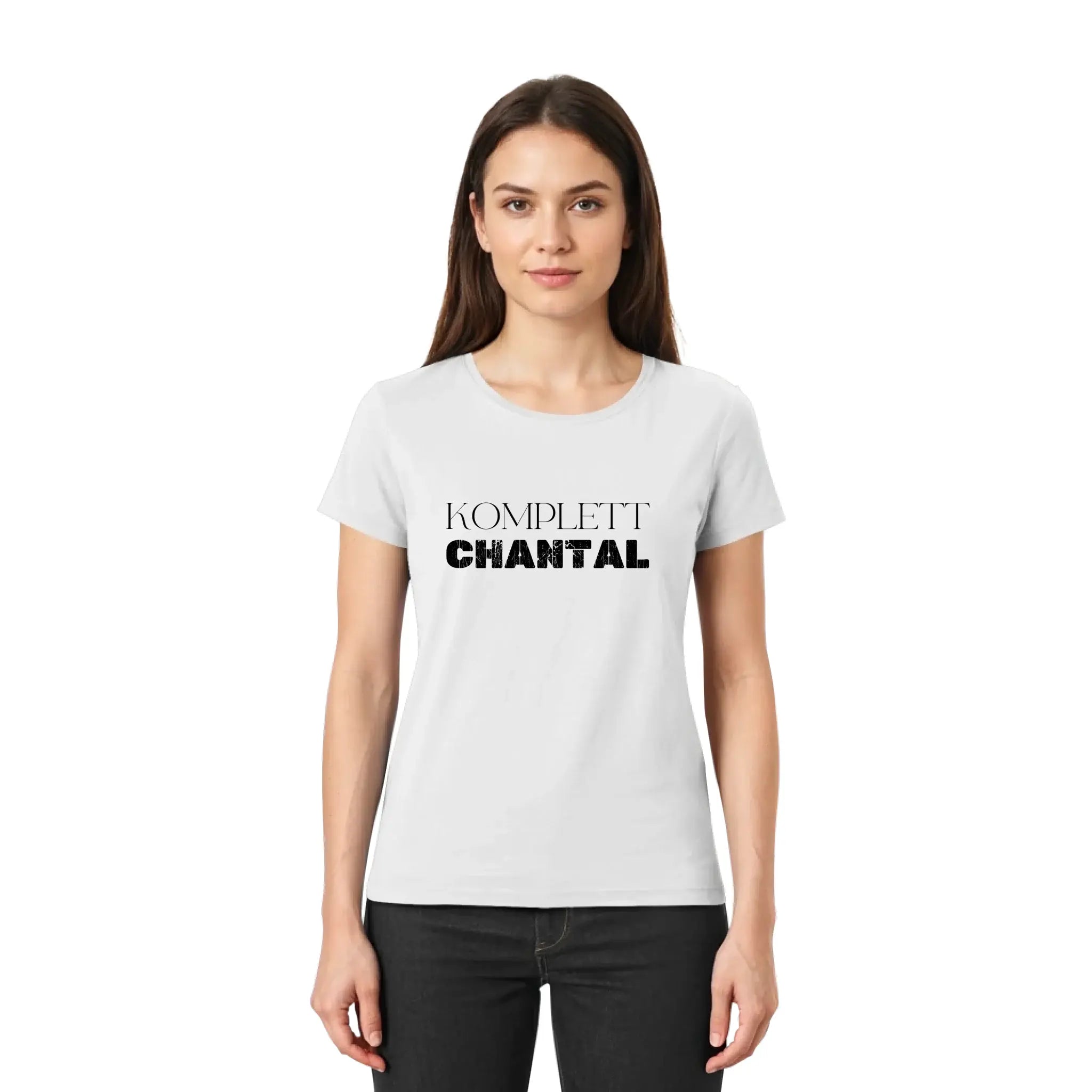 Weißes baumwoll t-shirt aus der statement collection mit schwarzem spruch komplett chantal personalisiert