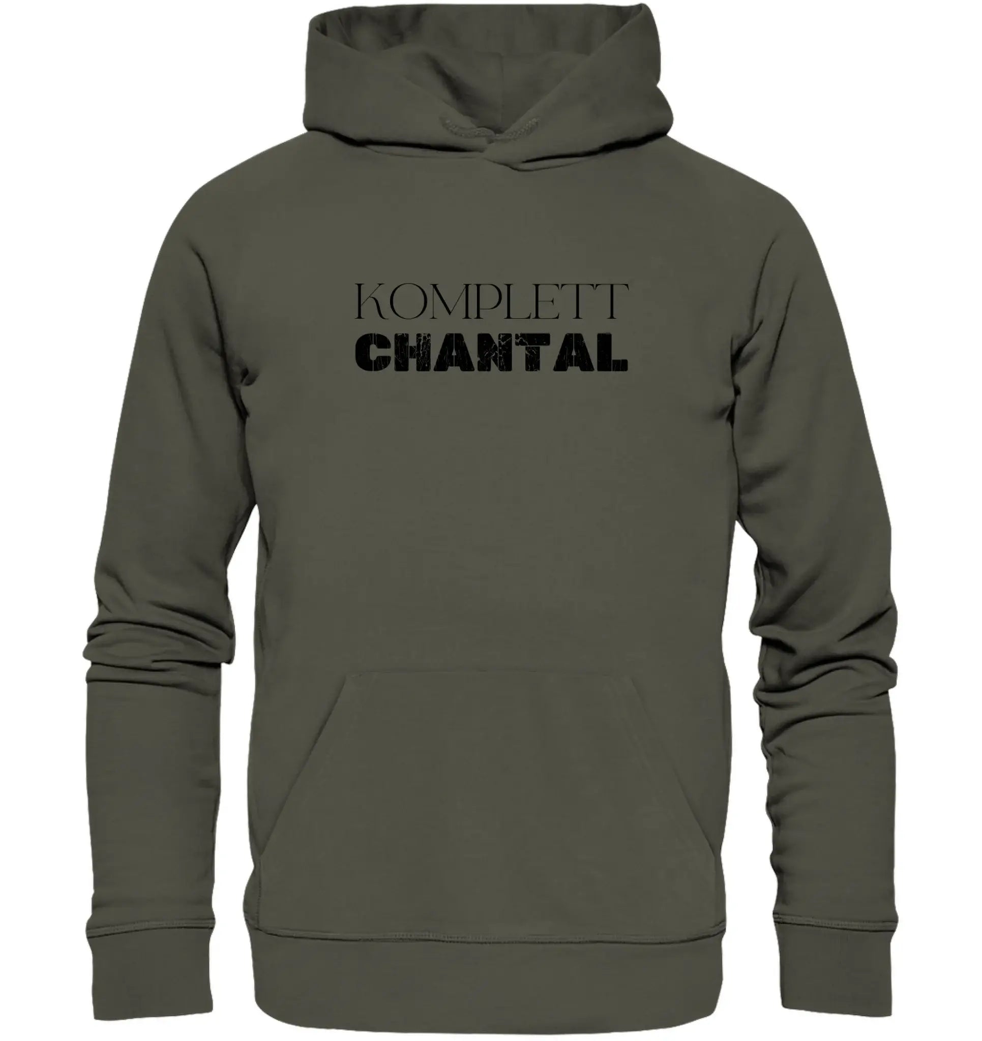 Olivegrüner kapuzenpullover mit schwarzem distressed text komplett chantal aus der statement collection mit wunschtext