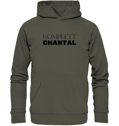 Olivegrüner kapuzenpullover mit schwarzem distressed text komplett chantal aus der statement collection mit wunschtext