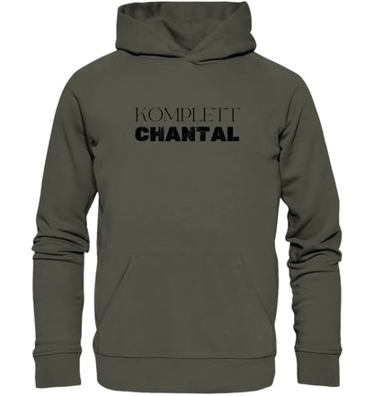 Olivegrüner kapuzenpullover mit schwarzem distressed text komplett chantal aus der statement collection mit wunschtext