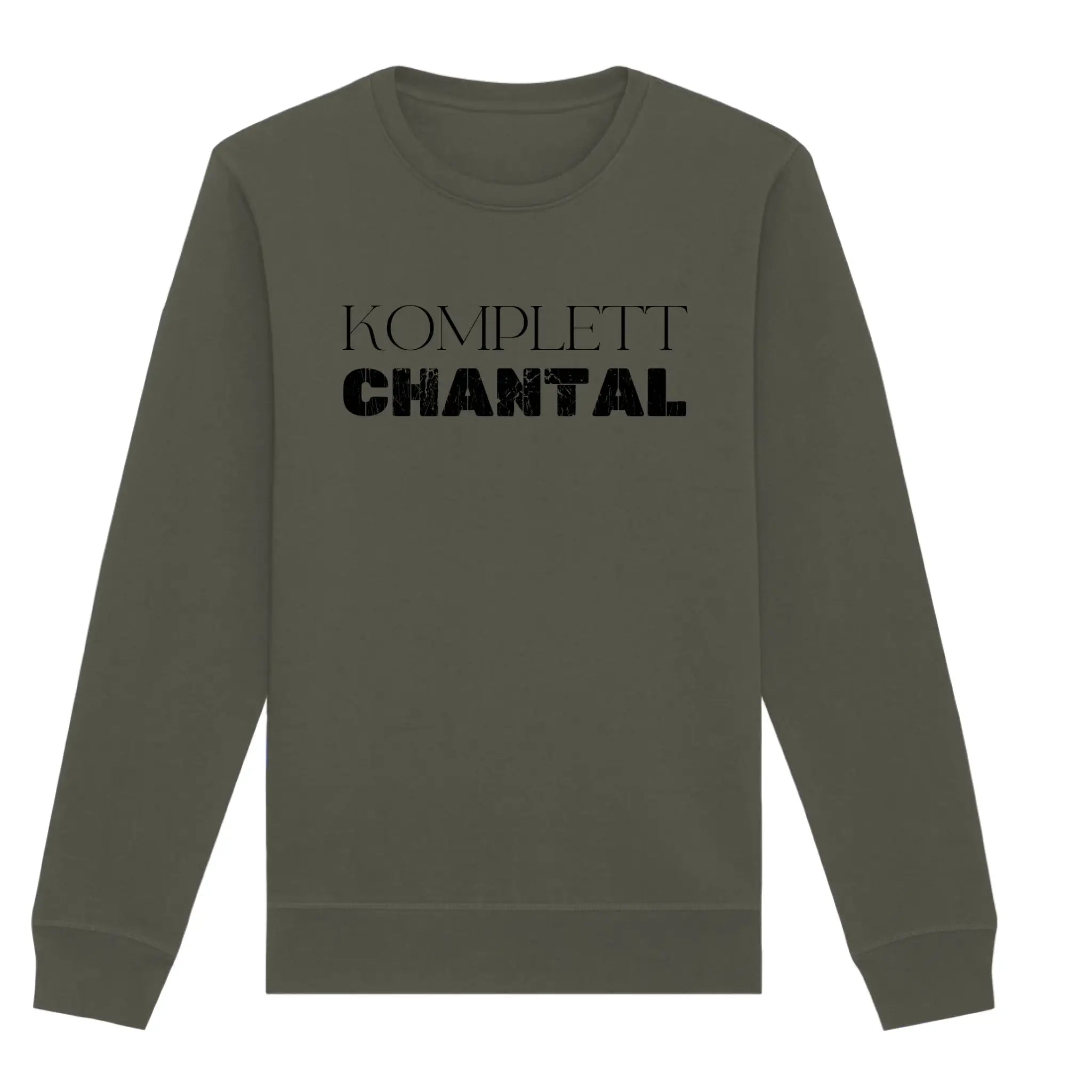 Olivegrünes langarm sweatshirt mit schwarzem komplett chantal schriftzug aus der sprüche mit namen statement collection