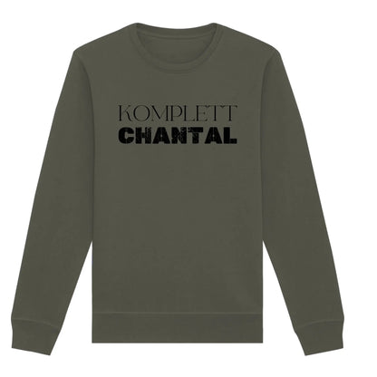 Olivegrünes langarm sweatshirt mit schwarzem komplett chantal schriftzug aus der sprüche mit namen statement collection