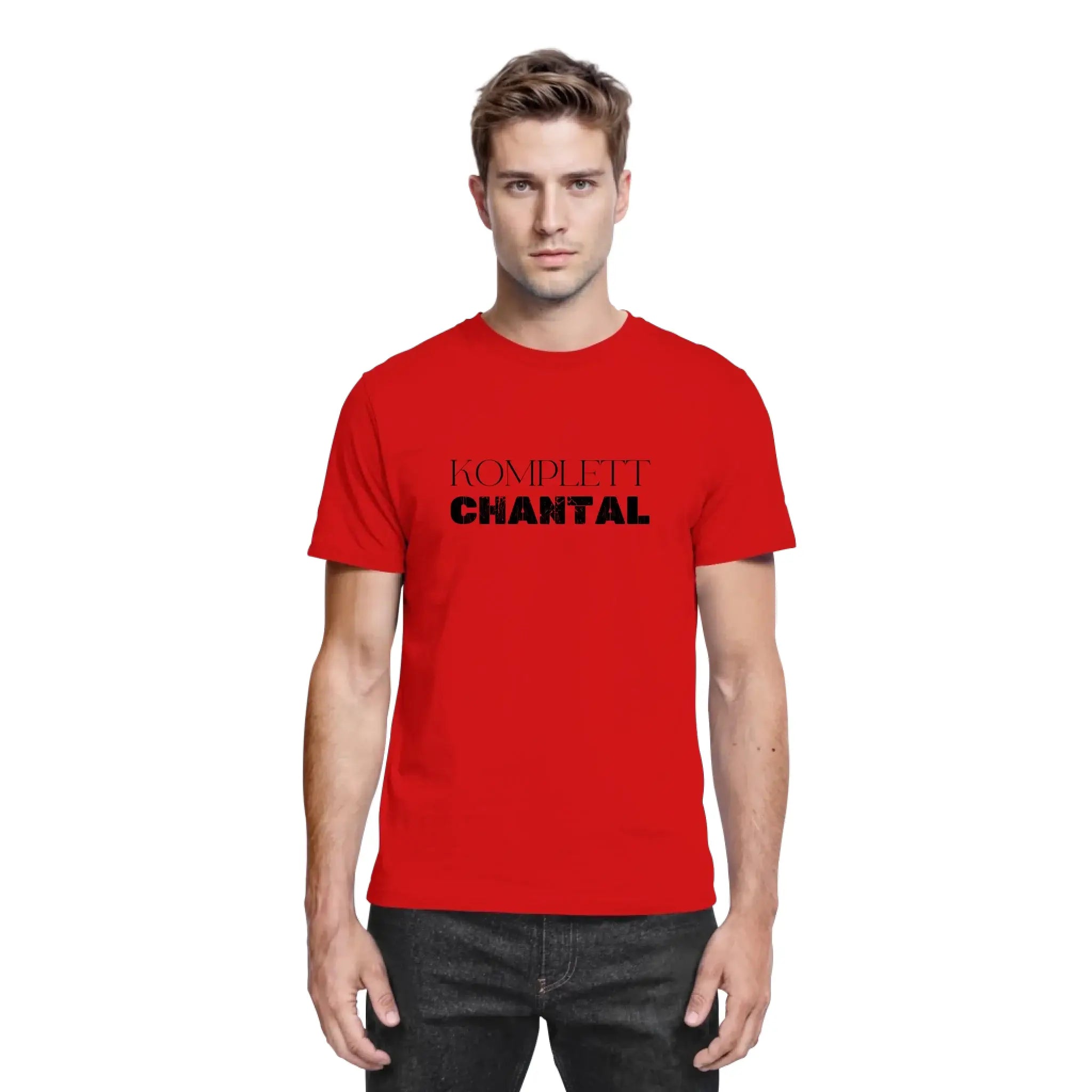 Rotes baumwoll t shirt mit schwarzem komplett chantal text aus der sprüche mit namen statement collection