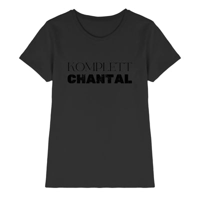 Dunkelgraues damen t shirt mit schwarzem komplett chantal print aus der sprüche mit namen statement collection
