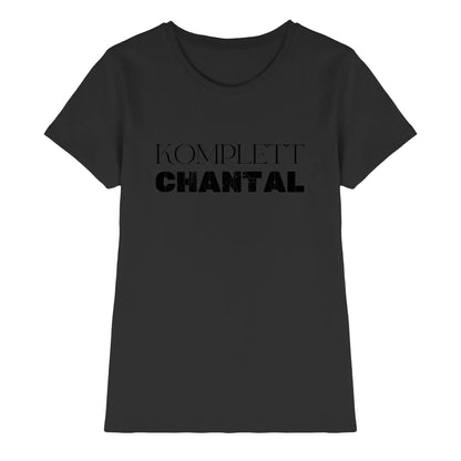 Dunkelgraues damen t shirt mit schwarzem komplett chantal print aus der sprüche mit namen statement collection