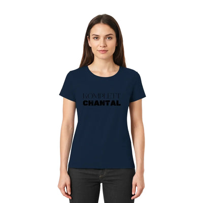 Navyblaues kurzarmshirt mit schwarzem kompllett chantal text aus personalisierbarer statement-collection