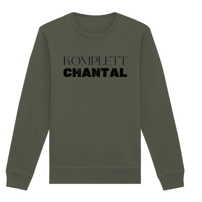 Olivegrünes sweatshirt langarm mit schwarzem komplett chantal schriftzug aus der statement collection personalisierbar