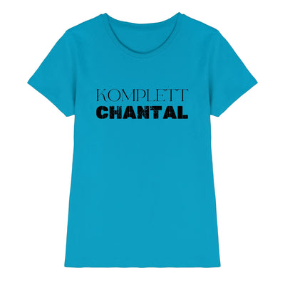 Leuchtendes türkisfarbenes damen t shirt mit schwarzem komplettp chantal text aus der statement collection