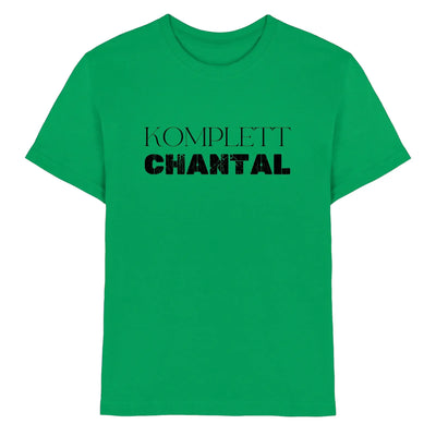 Ein grünes cotton t-shirt mit dem bolden schwarzen schriftzug komplett chantal aus der statement collection