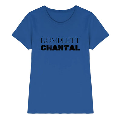 Blaues damen t shirt mit schwarzem komplett chantal text aus der personalisierten statement kollektion