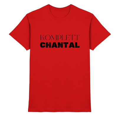 rote kurzarm tshirt mit schwarzem komplett chantal schriftzug aus der personalisierten statement collection