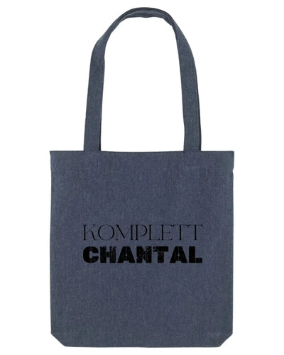 Dunkelblaue denim tote bag mit schwarzem komplett chantal text aus der statement collection mit wunschtext