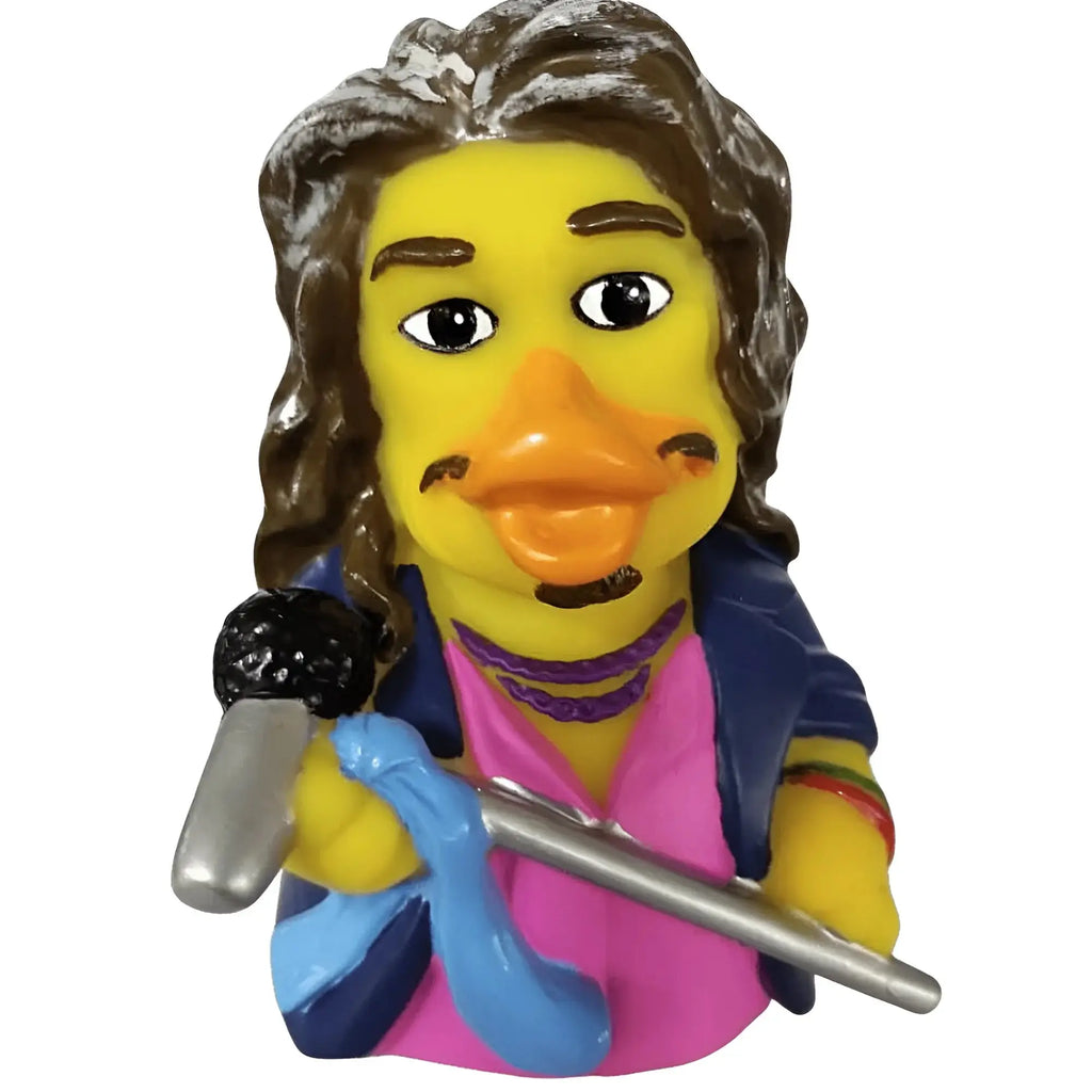 Gelbe gummiente squawk this way mit langen braunen locken, pinkem shirt, blauer jacke, mikrofon und trommelstock
