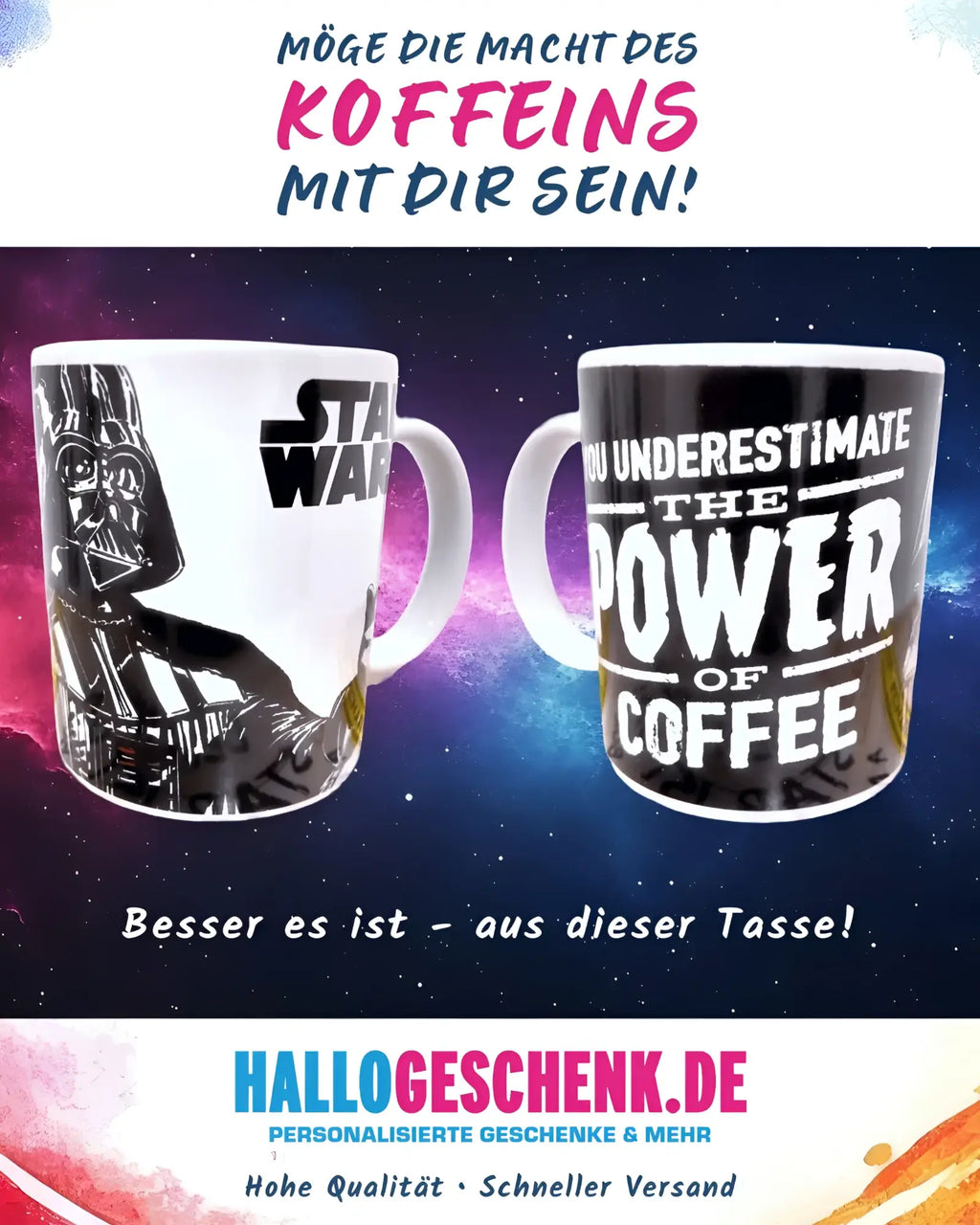 Weiße keramik kaffeetasse mit schwarzer darth vader illustration und star wars logo plus spruch zur kaffeekraft