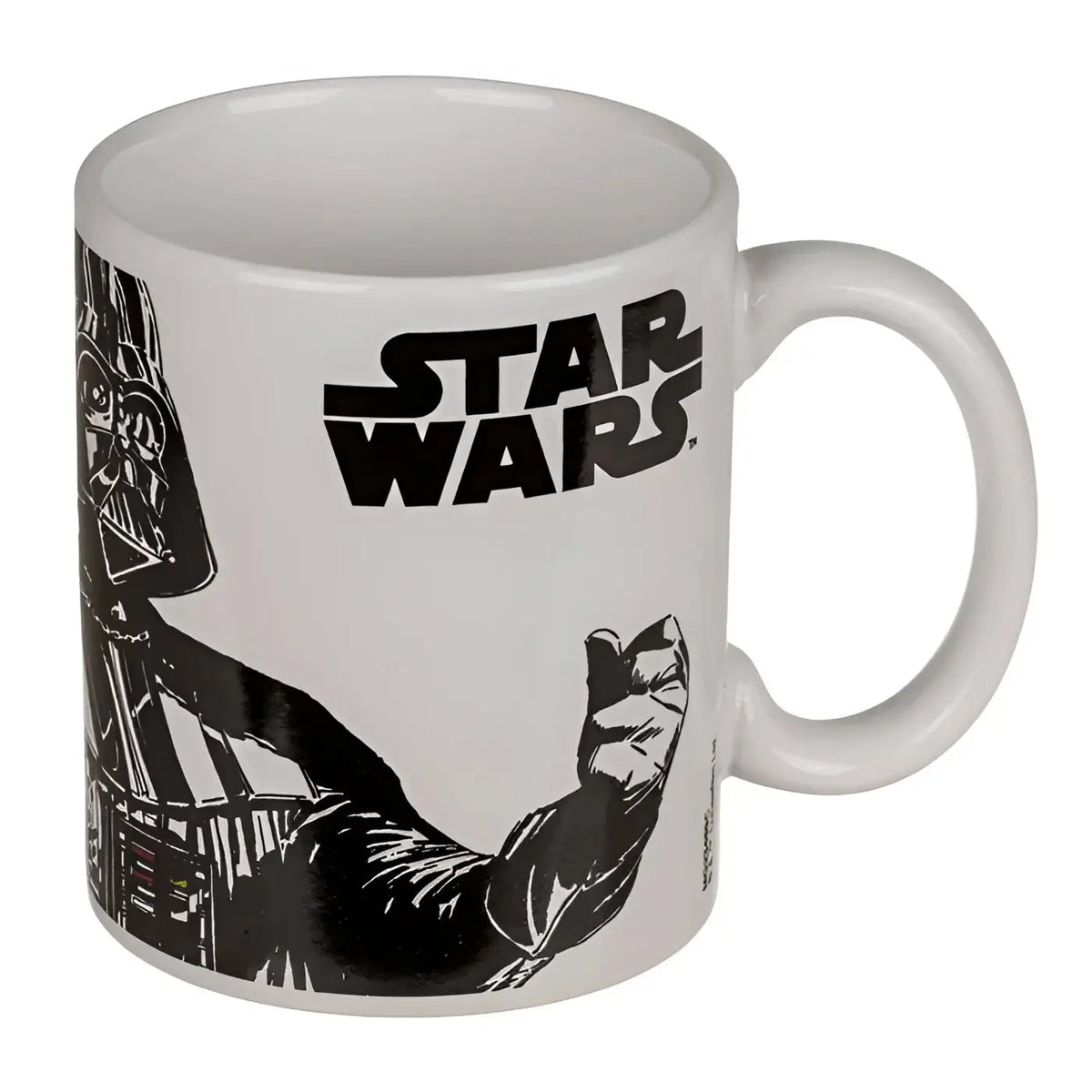 Weiße keramik kaffeetasse mit schwarzer darth vader illustration und star wars logo als offizielles lizenzprodukt