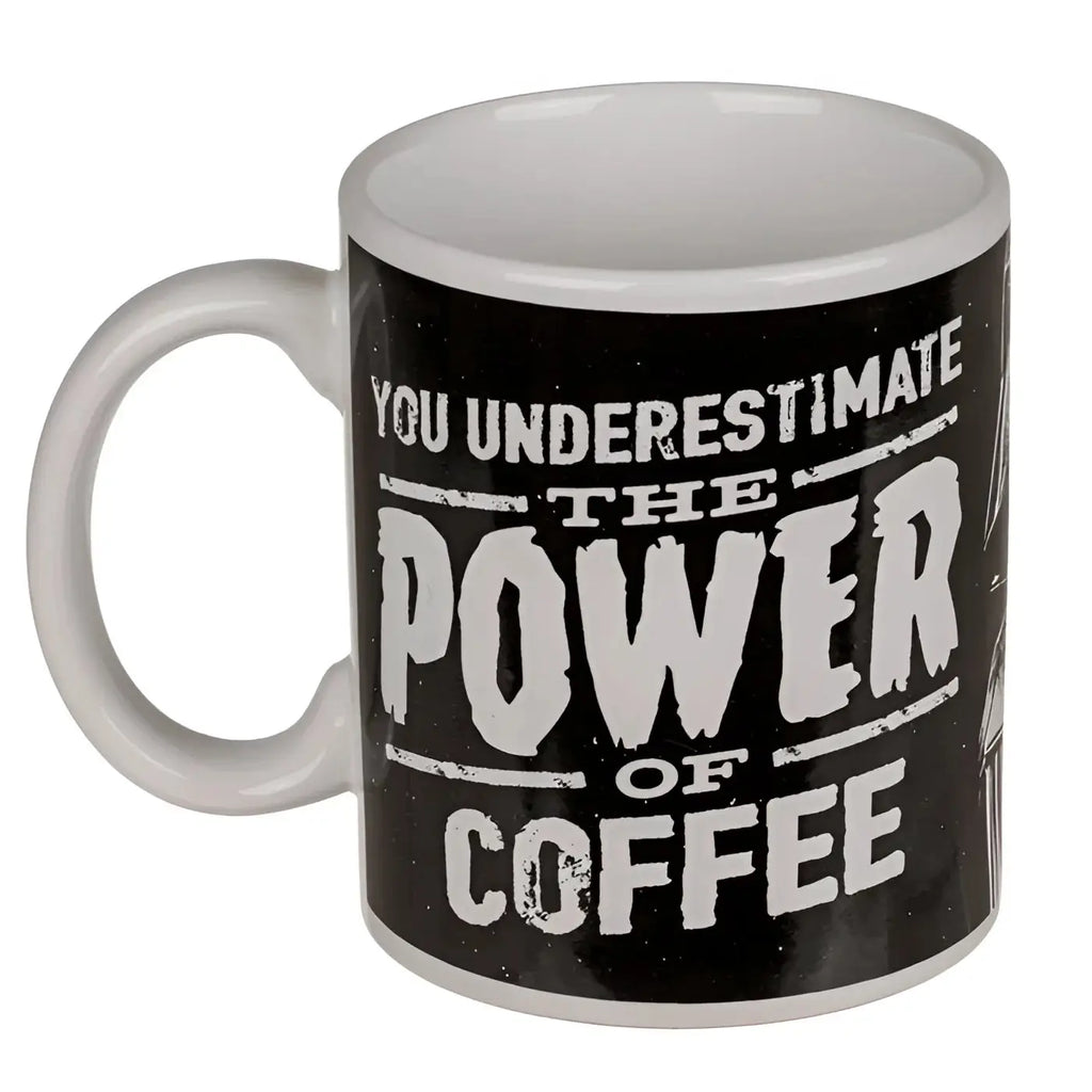 Schwarze keramikstar wars tasse mit weißem distressed spruch und kleinem kaffeetassenmotiv, offizielles lizenprodukt