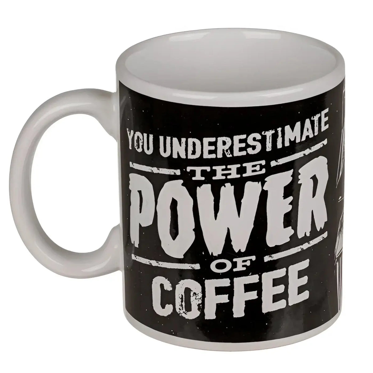 Schwarze keramikstar wars tasse mit weißem distressed spruch und kleinem kaffeetassenmotiv, offizielles lizenprodukt