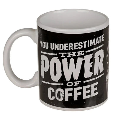 Schwarze keramikstar wars tasse mit weißem distressed spruch und kleinem kaffeetassenmotiv, offizielles lizenprodukt