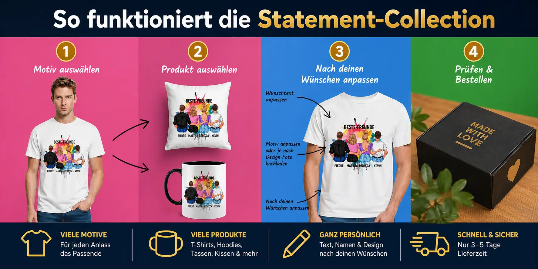 Weißes T-Shirt mit einem farbenfrohen, personalisierten Grafikdesign, das Silhouetten von Menschen und den Text „beste Freunde“ auf der Vorderseite zeigt.
