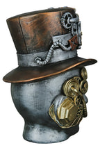 Steampunk dekoobjekt kopf female in silber aus kunstharz mit kupfer silbernen akzenten und messingt getriebe