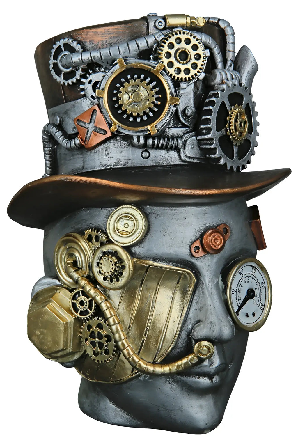 Steampunk dekoobjekt kopf female aus silber kunstharz mit messing und kupfer zahnrädern und uhrwerkdetails