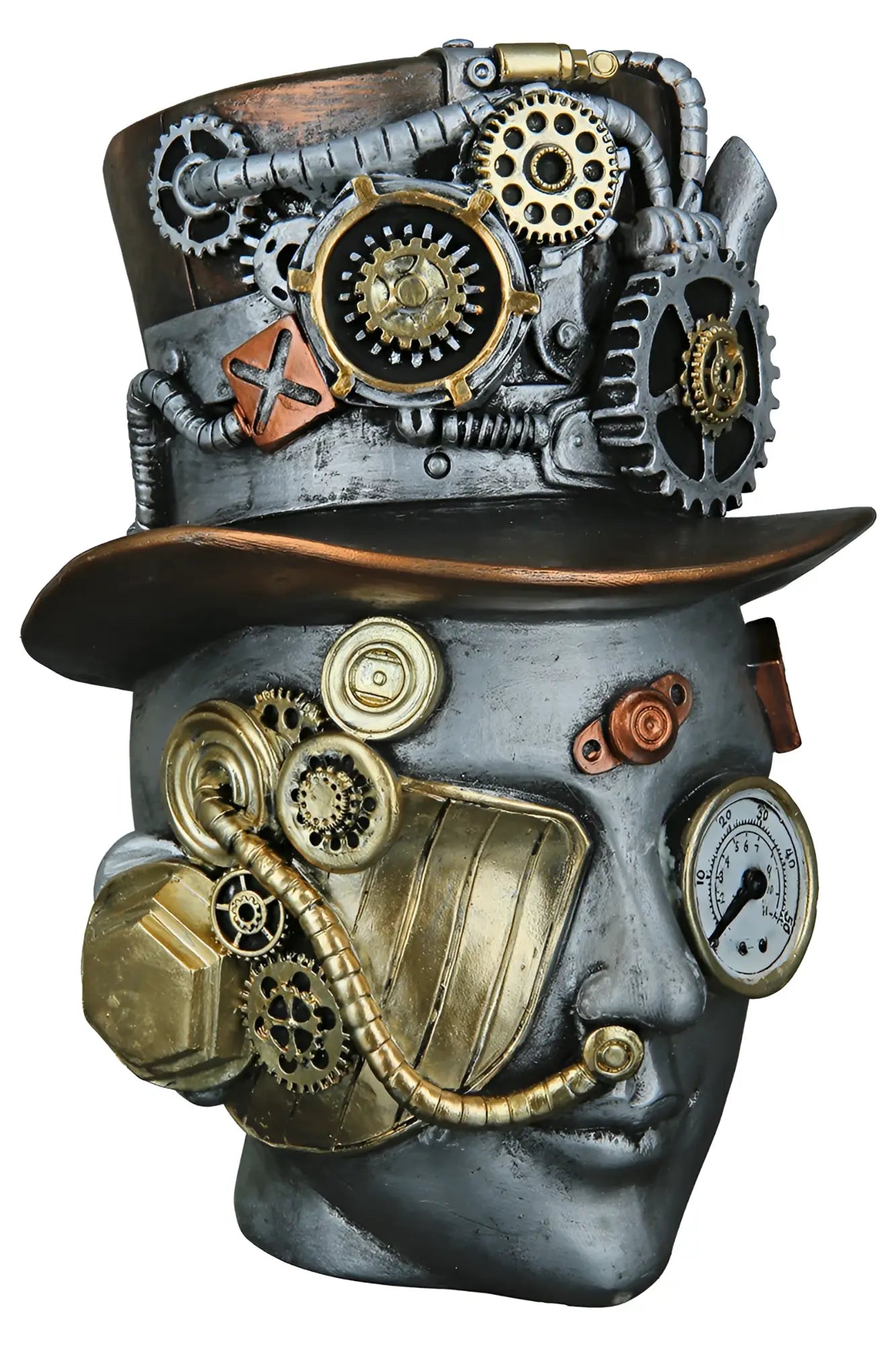 Steampunk dekoobjekt kopf female aus silber kunstharz mit messing und kupfer zahnrädern und uhrwerkdetails
