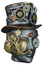 Steampunk dekoobjekt kopf female aus silber kunstharz mit messing und kupfer zahnrädern und uhrwerkdetails