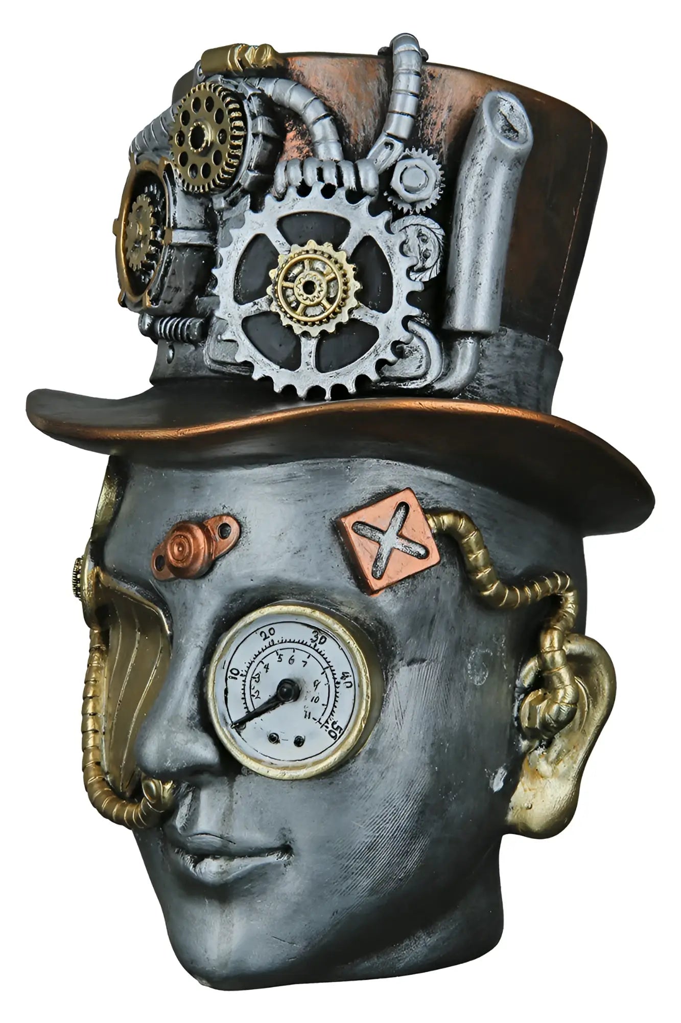 Steampunk dekoobjekt kopf female aus silber kunstharz mit dunkelgrauem gesicht und messingrädern gilde