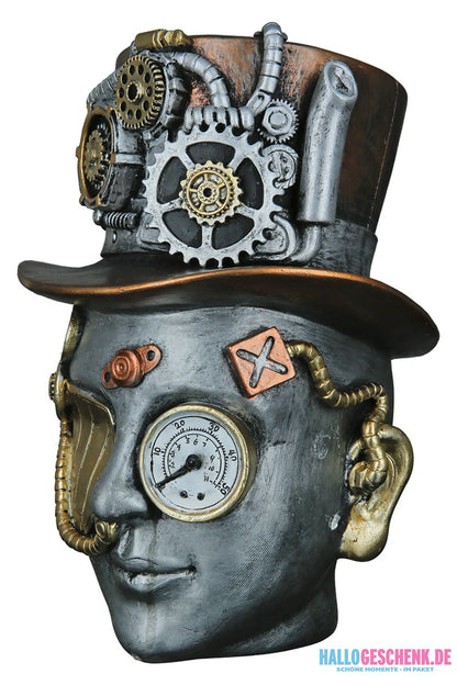 Steampunk: Dekoobjekt Kopf „Female“ • Kunstharz • Silber • 20x16x18 cm • Gilde - Steampunk