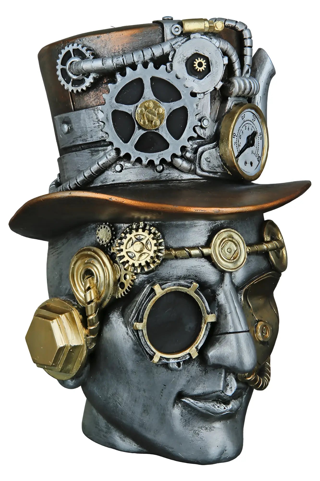 Steampunk dekoobjekt kopf male in silber aus kunstharz mit komplexen zahnrädern und uhr für außergewöhnliche dekoration