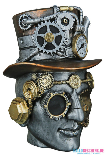 Steampunk: Dekoobjekt Kopf „Male“ • Kunstharz • Silber • 20x16x18 cm • Gilde - Steampunk