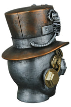 Steampunk dekoobjekt kopf male aus kunstharz in silber mit kupferfarbenen taktellen rohren und messingakzenten