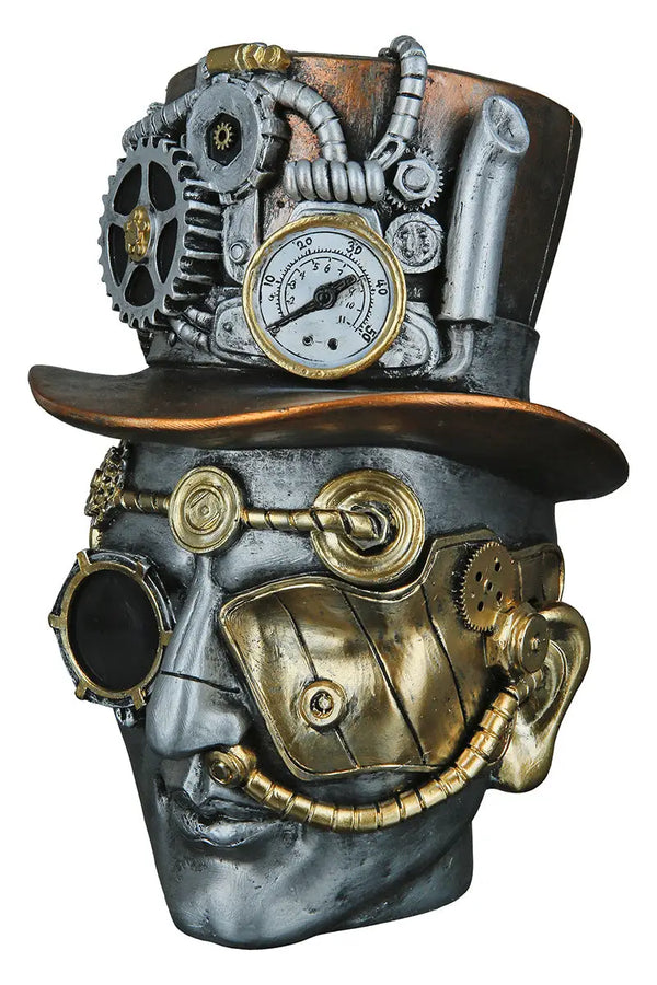 Steampunk: Dekoobjekt Kopf „Male“ • Kunstharz • Silber • 20x16x18 cm • Gilde - Steampunk