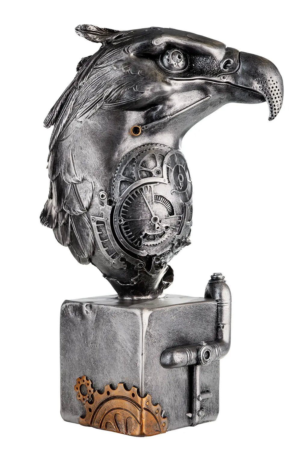 Steampunk figur adler mit silberner kunstharzoberfläche und kupferfarbenen zahnrädern auf quadratischem sockel