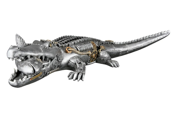 Steampunk metallic krokodil Figur mit feinen zahnrädern, federn und messingakzenten aus kunstharz silber von gilde