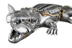 Steampunk metallfigur krokodil mit silber, kunstharz, zahnrad- und federdetails von gilde, 14,5x35,5x60 cm