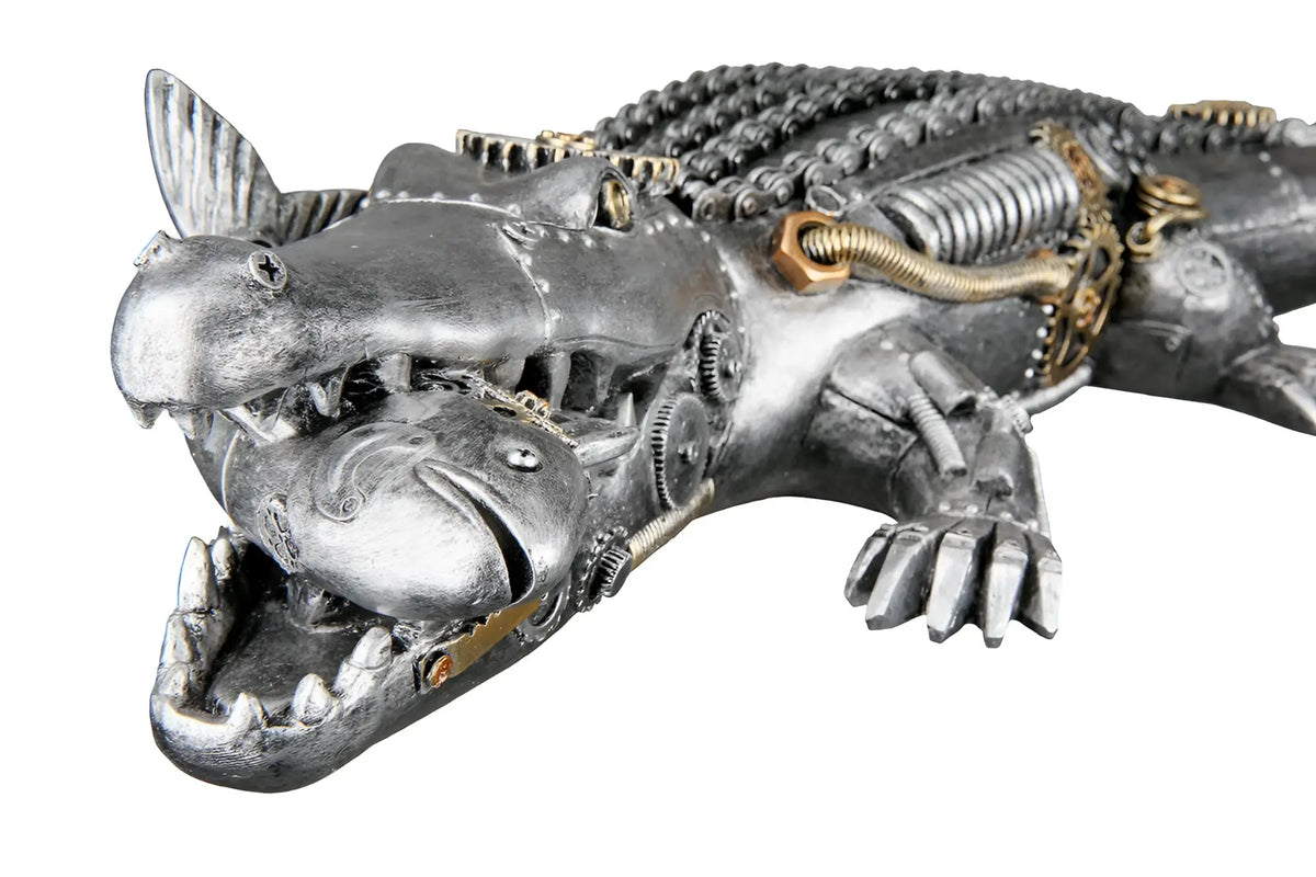 Steampunk metallfigur krokodil mit silber, kunstharz, zahnrad- und federdetails von gilde, 14,5x35,5x60 cm
