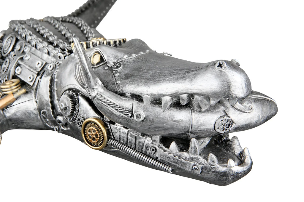Steampunk metall figur krokodilkopf mit gears messing akzenten und nieten aus kunstharz in silber von gilde