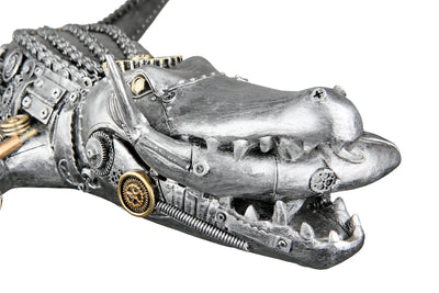 Steampunk metall figur krokodilkopf mit gears messing akzenten und nieten aus kunstharz in silber von gilde