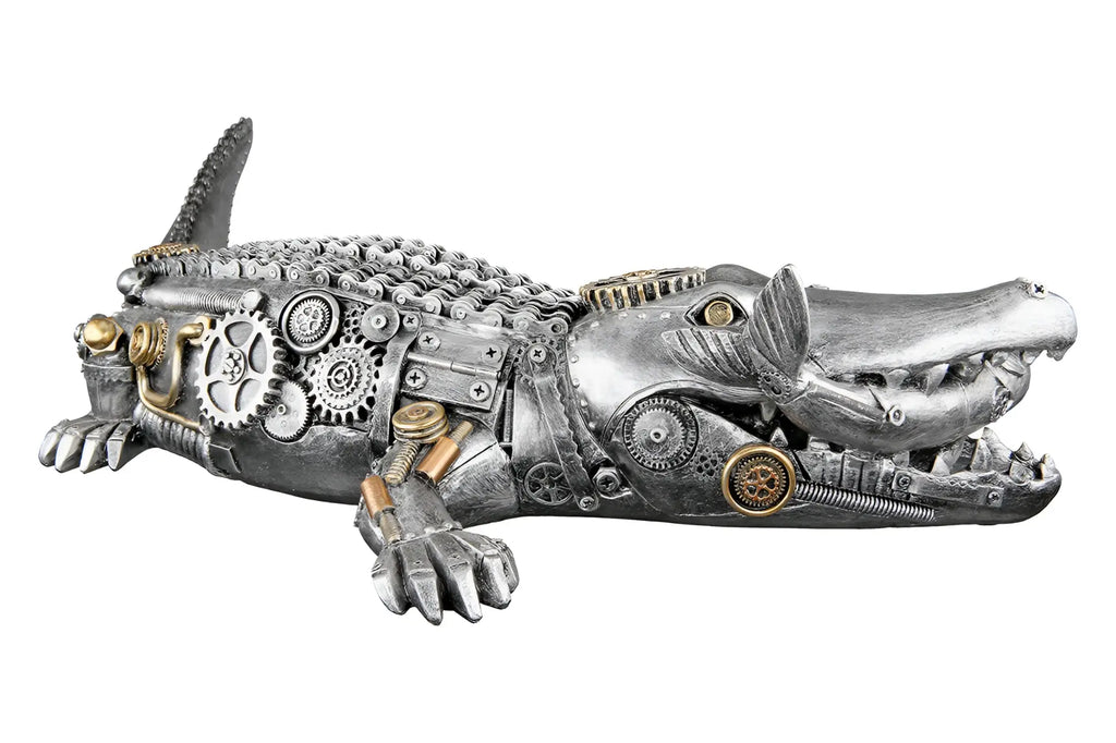 Steampunk metallfigur krokodil aus kunstharz mit silberner oberfläche und messingdetails von gilde