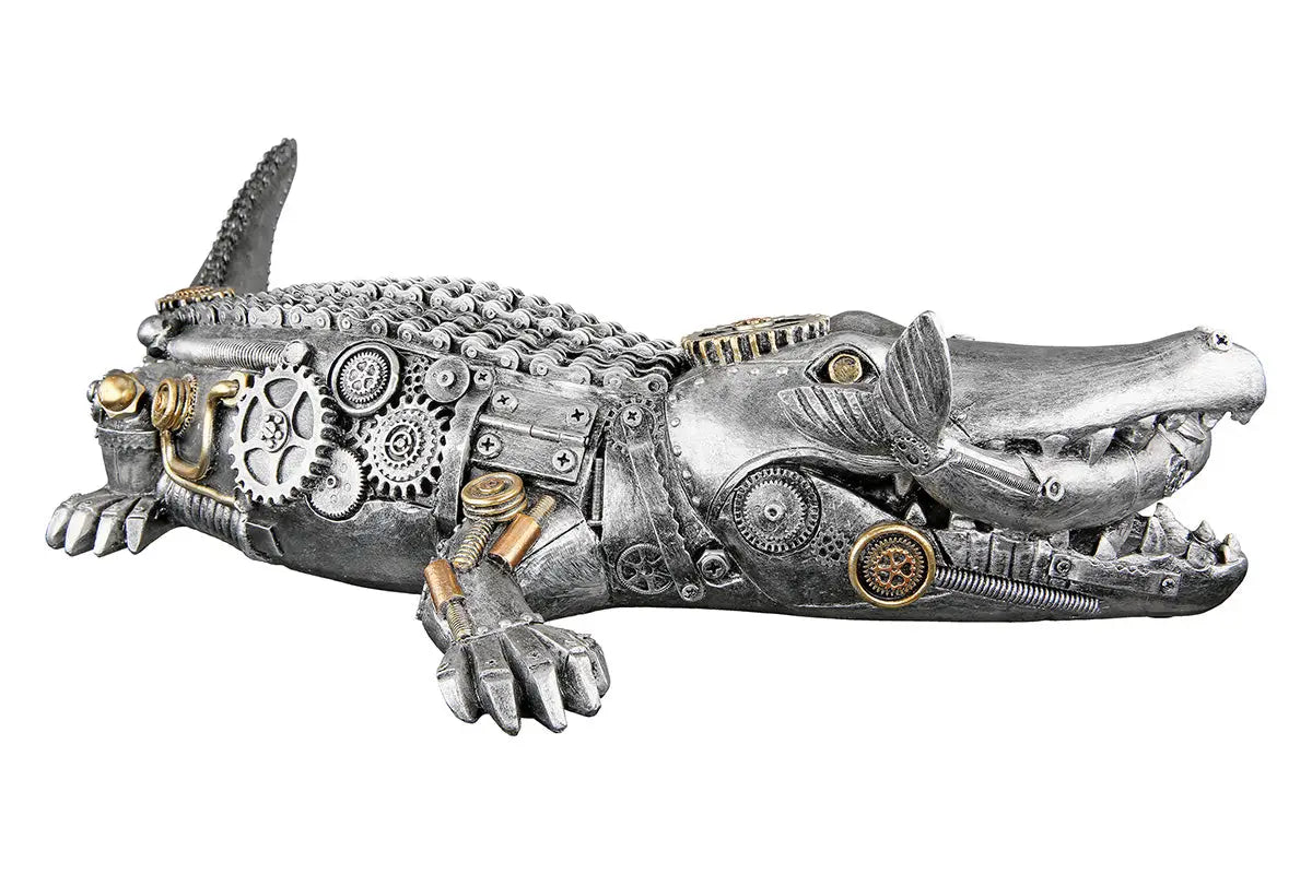 Steampunk: Figur „Crocodile“ • Kunstharz • Silber • 14,5×35,5×60 cm • Gilde - Steampunk