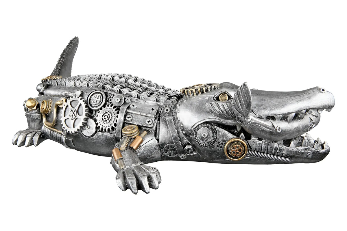 Steampunk metallfigur krokodil aus kunstharz mit silberner oberfläche und messingdetails von gilde