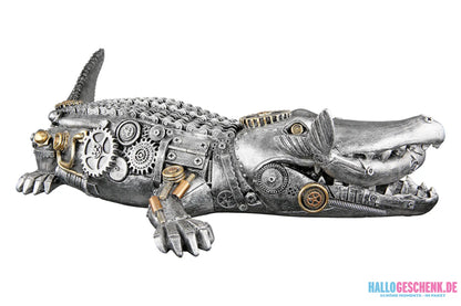 Steampunk: Figur „Crocodile“ • Kunstharz • Silber • 14,5×35,5×60 cm • Gilde - Steampunk