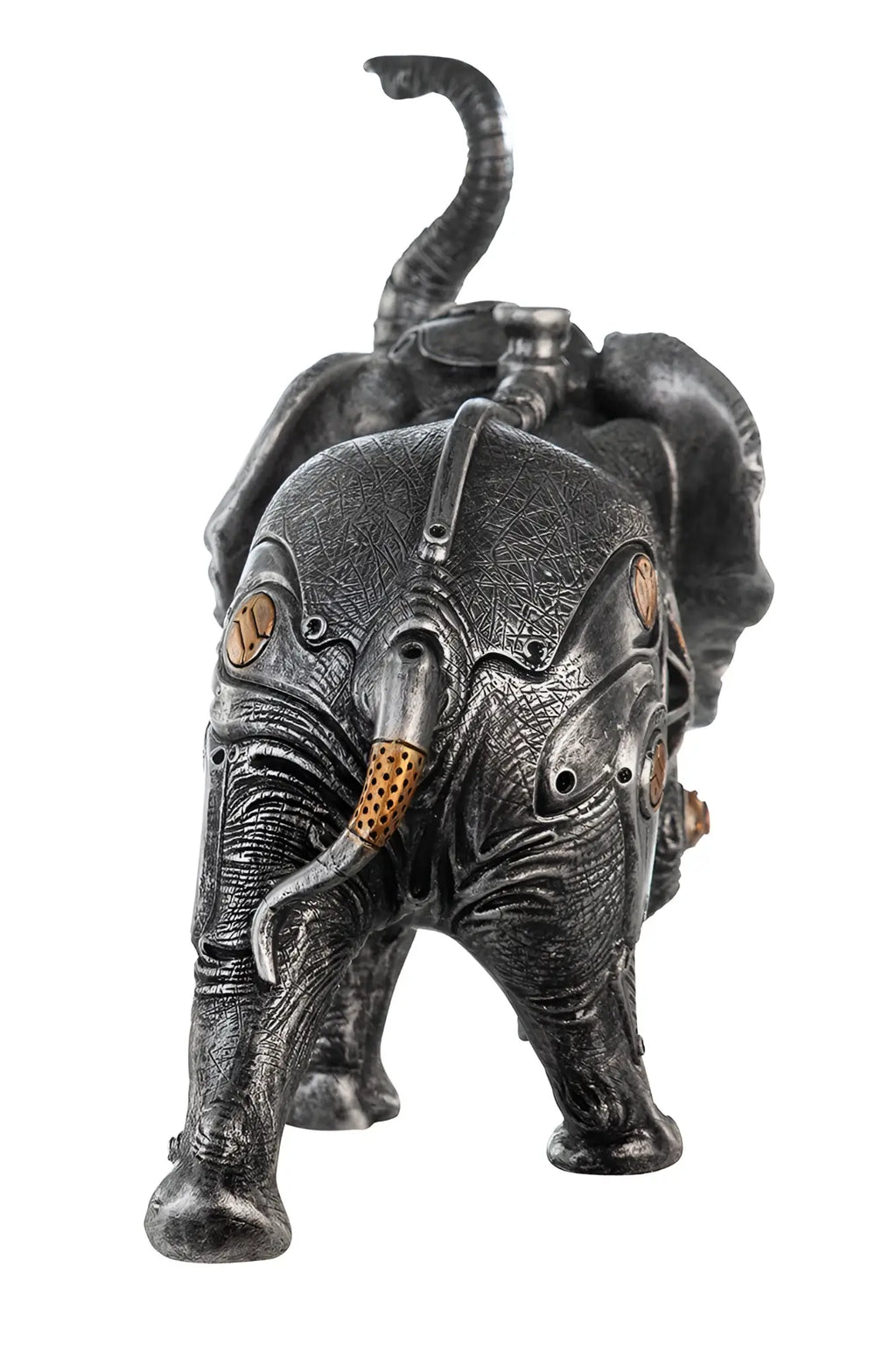 Steampunk figur elefant aus kunstharz in silber mit dunklem metallic finish und messing akzenten von gilde