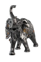 Steampunk figur elefant in dunkelsilber mit kunstharz, messing akzenten und metallischen zahnrädern von gilde