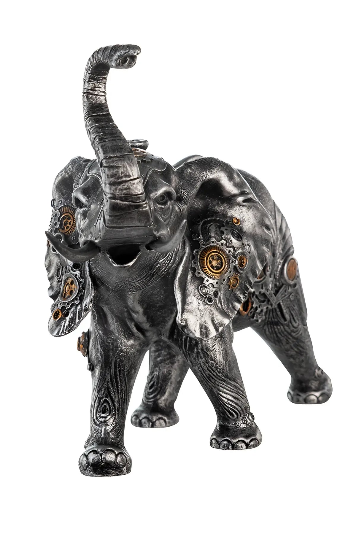 Steampunk figur elefant in dunkelsilber mit kunstharz, messing akzenten und metallischen zahnrädern von gilde
