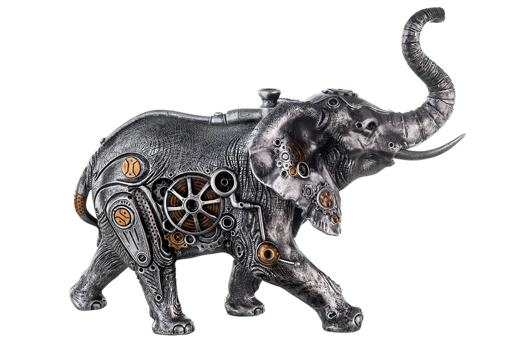 Steampunk figur elefant aus kunstharz mit silberner patina und messingakzenten 23x28x14 cm von gilde